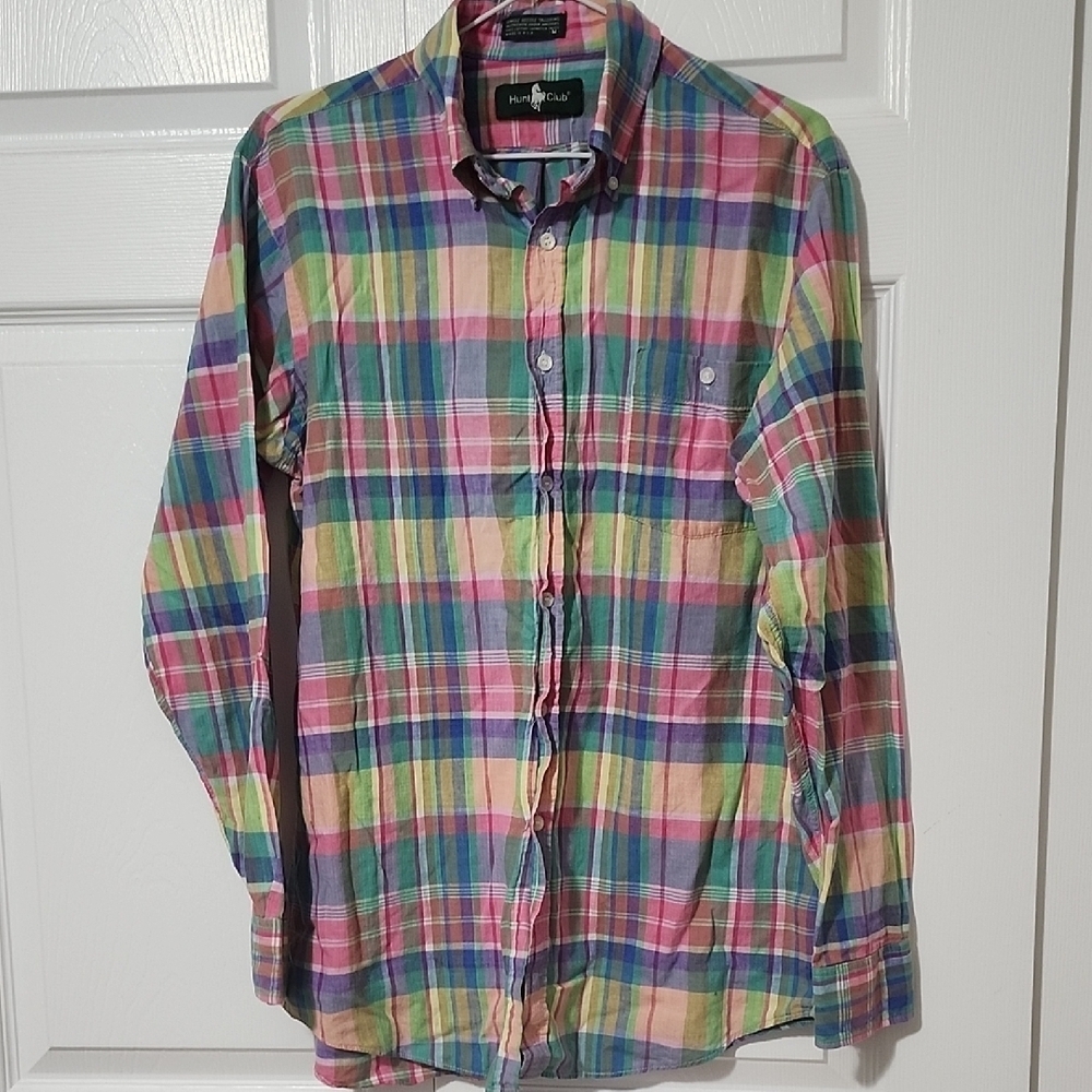 Vintage Hunt Club Casual Pink and Green Plaid Shirt